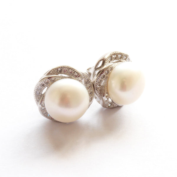 White/Orange  Freshwater Cultured Pearl Stud Earrings with Sterling Silver 9.5-10.0mm