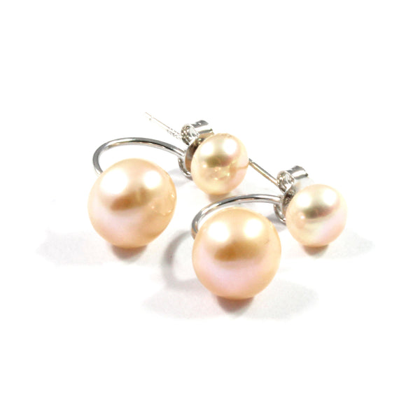 Double White/Orange  Freshwater Cultured Pearl Stud Earrings with Sterling Silver 8.5-9.0mm