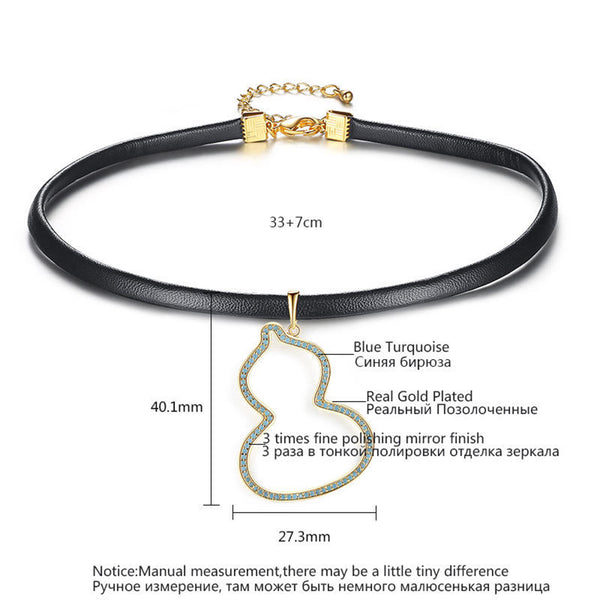 Gold Turquoise Big Pendant Leather Charm Chocker Necklace