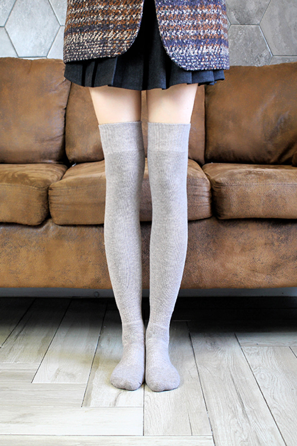 Winter socks thermal stocking knee thigh high women's long korean japanese  style white hot over black 7/8 for girls half fuzzy