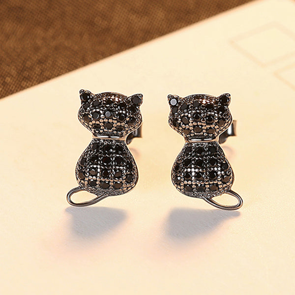 Black Cat Cubic Zirconia Studs Earrings with Sterling Silver 925