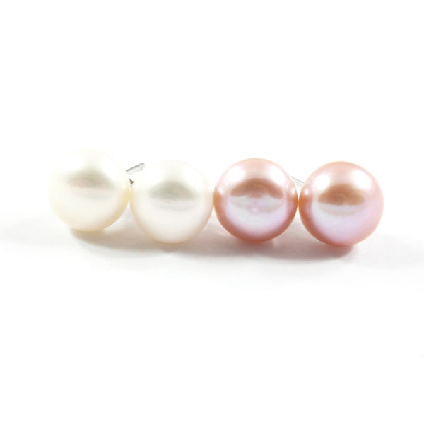 Purple/White Freshwater Cultured Pearl Stud Earrings with Sterling Silver 2 pairs 9.5-10.0mm