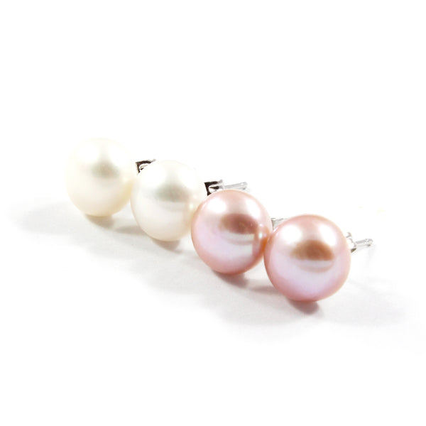 Purple/White Freshwater Cultured Pearl Stud Earrings with Sterling Silver 2 pairs 9.5-10.0mm