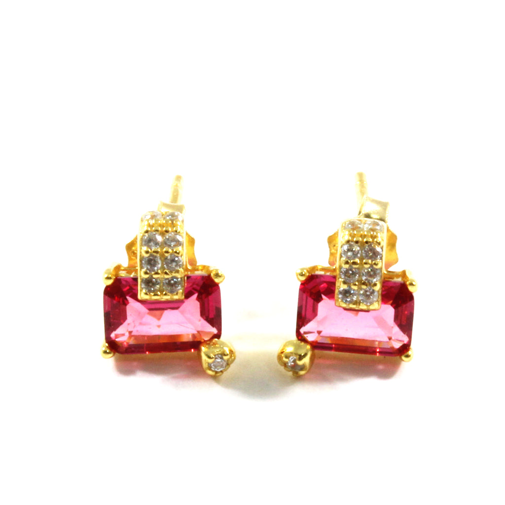 Vintage Red Cubic Zirconia  Gold Plated Stud Earring with Sterling Silver 925