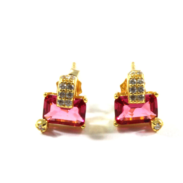 Vintage Red Cubic Zirconia  Gold Plated Stud Earring with Sterling Silver 925