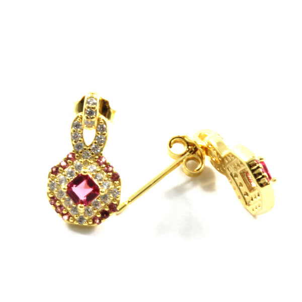 Vintage Red Ruby Gold Plated Stud Earring with Sterling Silver 925