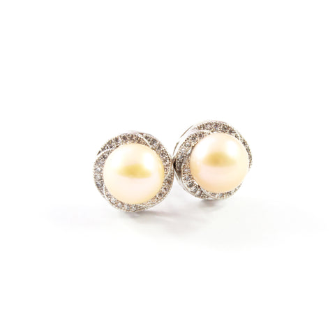 White/Orange  Freshwater Cultured Pearl Stud Earrings with Sterling Silver 9.5-10.0mm