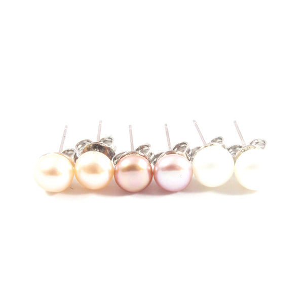 White/Pink/Orange Freshwater Cultured Pearl Stud Earrings with Sterling Silver 3 pairs 5.5-6.0mm