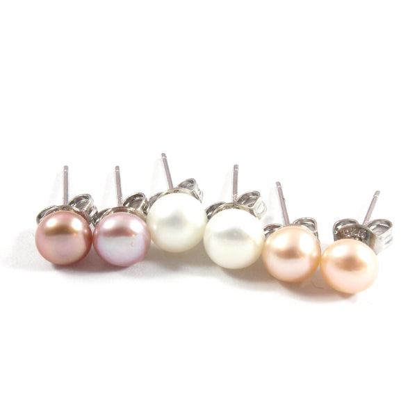 White/Pink/Orange Freshwater Cultured Pearl Stud Earrings with Sterling Silver 3 pairs 5.5-6.0mm