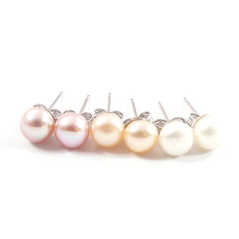 White/Pink/Orange Freshwater Cultured Pearl Stud Earrings with Sterling Silver 3 pairs 6.5-7.0mm