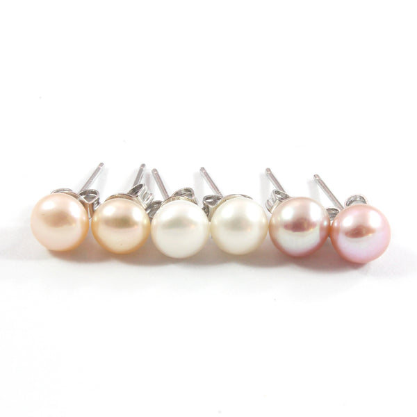White/Pink/Orange Freshwater Cultured Pearl Stud Earrings with Sterling Silver 3 pairs 6.5-7.0mm