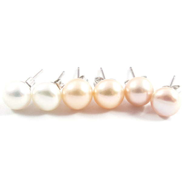 White/Pink/Orange Freshwater Cultured Pearl Stud Earrings with Sterling Silver 3 pairs 7.5-8.0mm