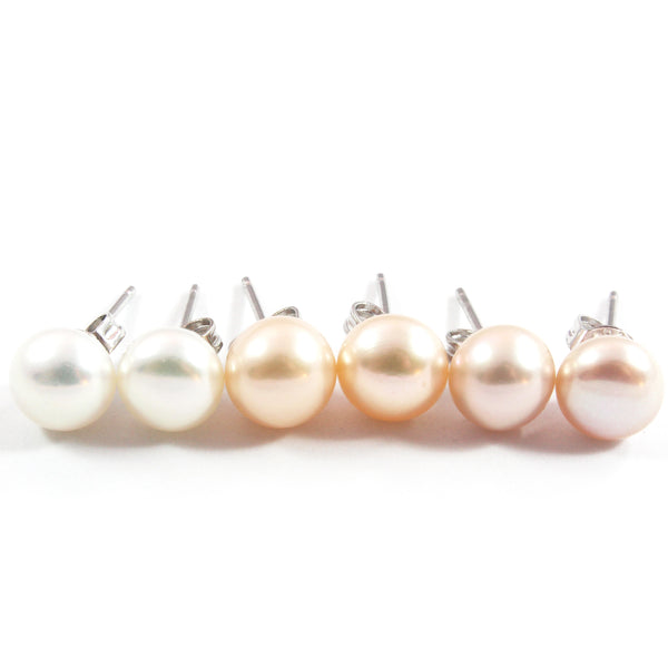White/Pink/Orange Freshwater Cultured Pearl Stud Earrings with Sterling Silver 3 pairs 7.5-8.0mm
