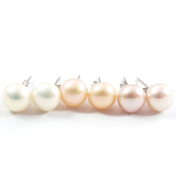White/Pink/Orange Freshwater Cultured Pearl Stud Earrings with Sterling Silver 3 pairs 8.5-9.0mm