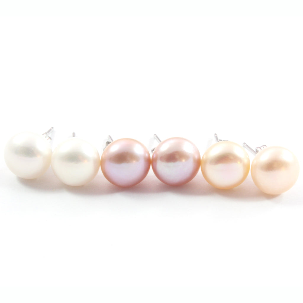 White/Pink/Orange Freshwater Cultured  Pearl Stud Earrings with Sterling Silver 3 pairs 9.5-10.0mm