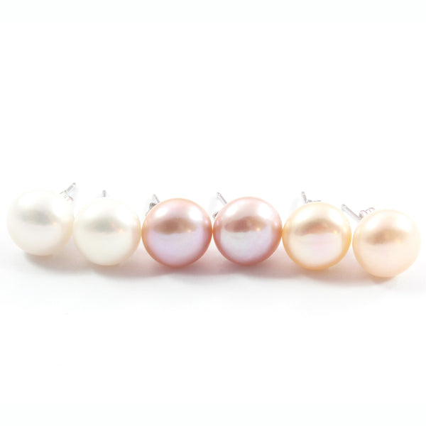 White/Pink/Orange Freshwater Cultured  Pearl Stud Earrings with Sterling Silver 3 pairs 9.5-10.0mm