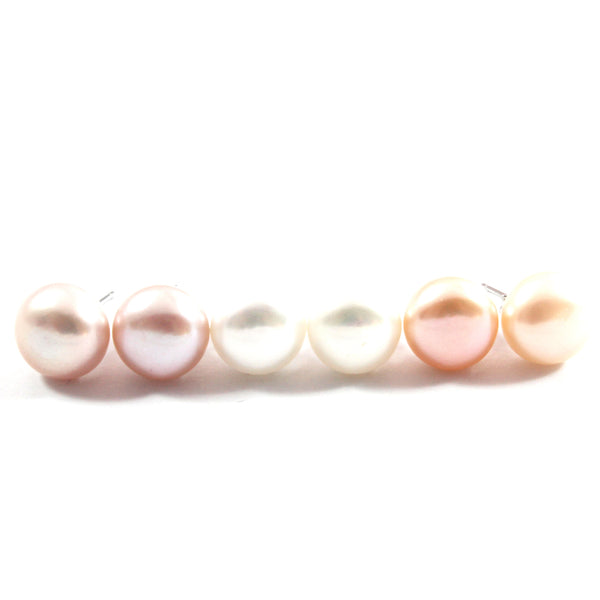 White/Pink/Orange Freshwater Cultured Pearl Stud Earrings with Sterling Silver 3 pairs 10.5-11.0mm
