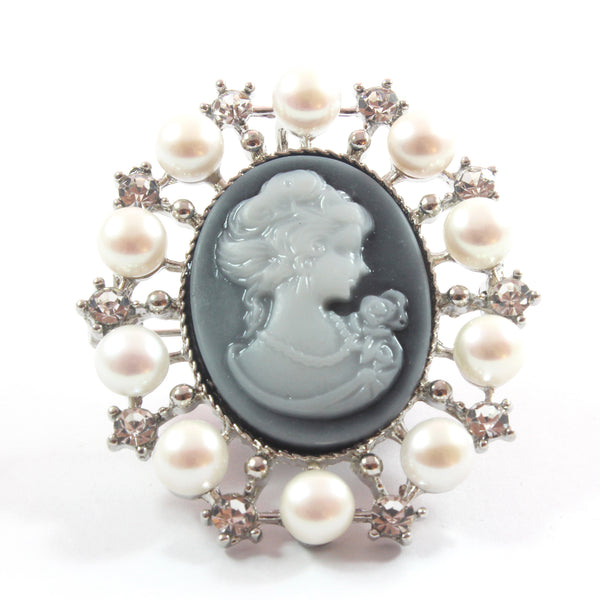 Blue/Pink Cameo White Freshwater Cultured Pearl Brooch with Sterling Silver 6.5-7.0mm