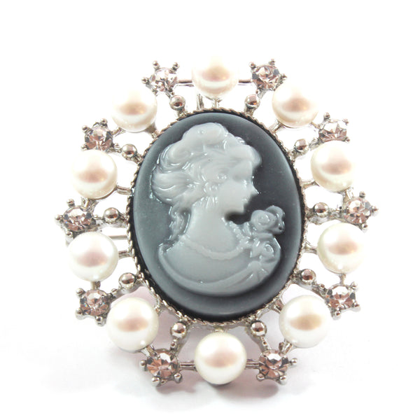 Blue/Pink Cameo White Freshwater Cultured Pearl Brooch with Sterling Silver 6.5-7.0mm