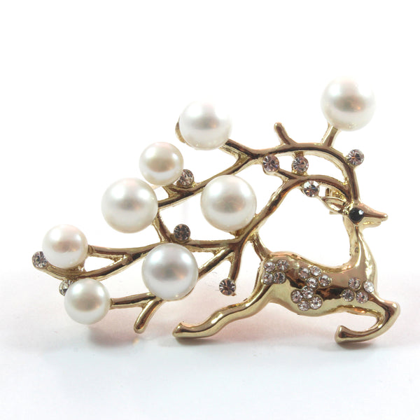 Silver/Gold White Deer Freshwater Cultured Pearl Brooch 6.5-7.0mm