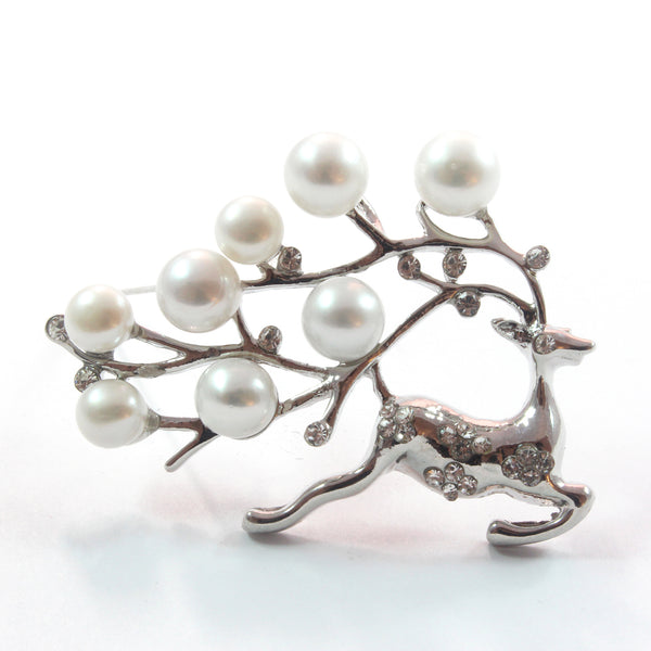 Silver/Gold White Deer Freshwater Cultured Pearl Brooch 6.5-7.0mm