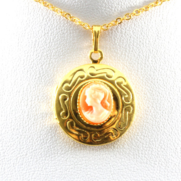 Black/Coral Vintage Cameo Round Locket Pendant with Chain