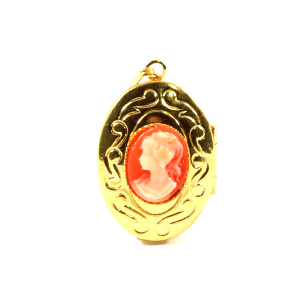 Black/Coral Vintage Cameo Oval Locket Pendant with Chain