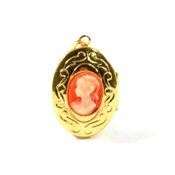 Black/Coral Vintage Cameo Oval Locket Pendant with Chain