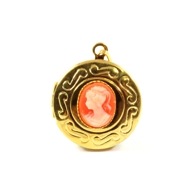 Black/Coral Vintage Cameo Round Locket Pendant with Chain