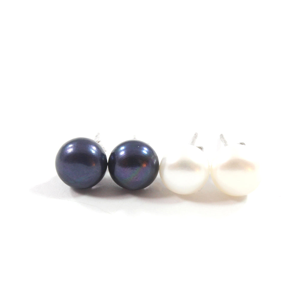 Black/White Freshwater Cultured Pearl Stud Earrings with Sterling Silver 8.5-9.0mm 2 Pairs