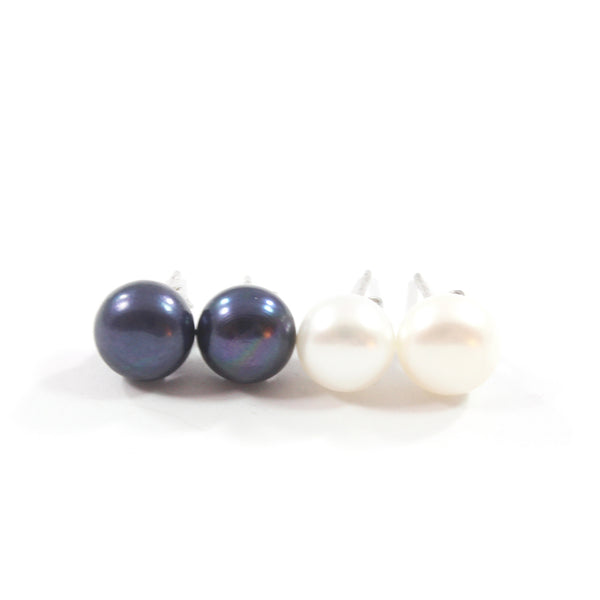 Black/White Freshwater Cultured Pearl Stud Earrings with Sterling Silver 8.5-9.0mm 2 Pairs