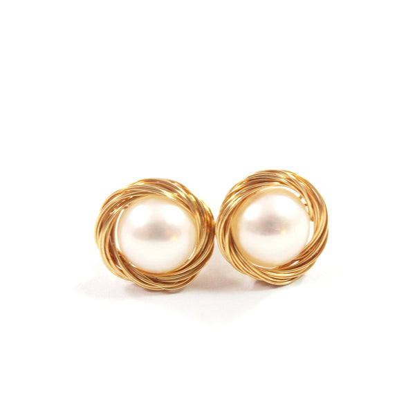 White Freshwater Cultured Pearl Stud Earrings with Gold Plated 8.5-9.0mm