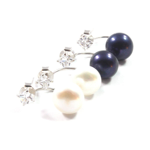 White/Black Freshwater Cultured Pearl Stud Earrings with Cubic Zircornia Sterling Silver 8.5-9.0mm