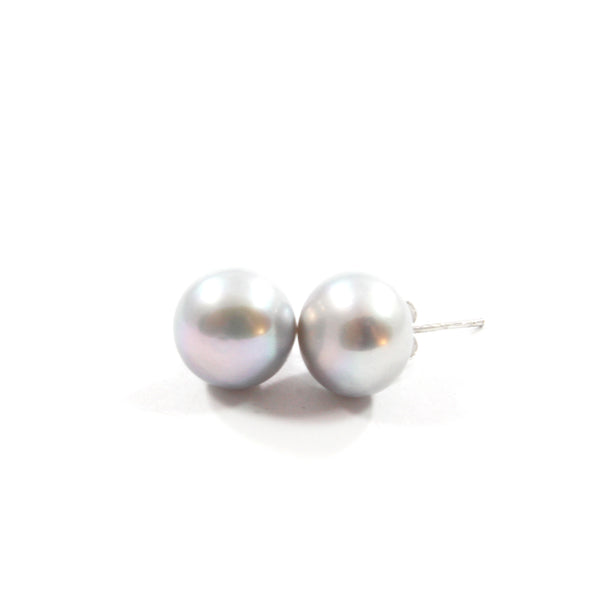 Grey Freshwater Cultured Pearl Stud Earrings with Sterling Silver 10.5-11.0mm