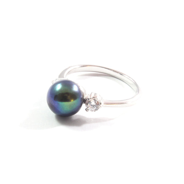 White/Black Freshwater Cultured Pearl Ring with Sterling Silver 8.5-9.0mm