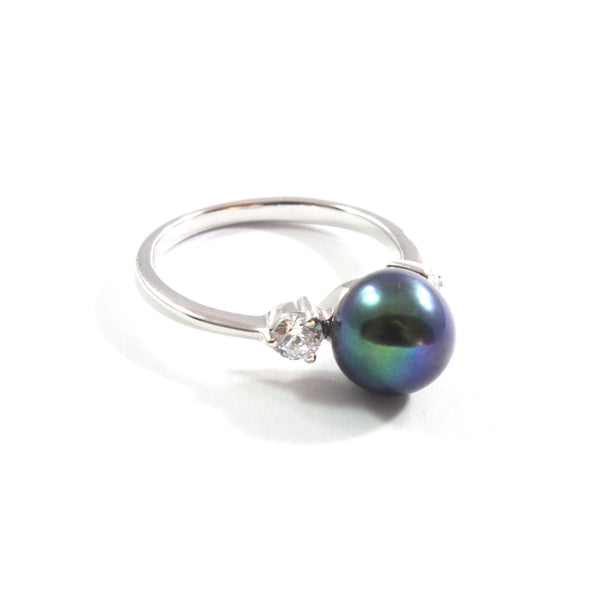 White/Black Freshwater Cultured Pearl Ring with Sterling Silver 8.5-9.0mm
