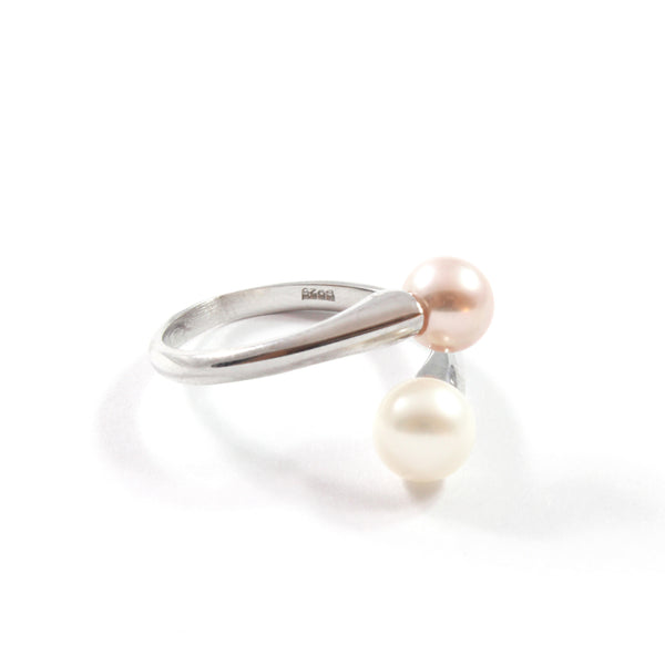 Double White/Pink Freshwater Cultured Pearl Ring with Sterling Silver 6.0-6.5mm,7.0-7.5mm Adjustable