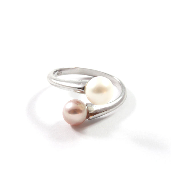 Double White/Pink Freshwater Cultured Pearl Ring with Sterling Silver 6.0-6.5mm,7.0-7.5mm Adjustable