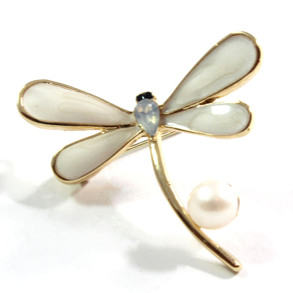 White Dragonfly Freshwater Cultured Pearl Brooch 7.5-8.0mm