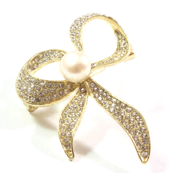 Gold Ribbon White Freshwater Cultured Pearl Brooch 9.5-10.0mm