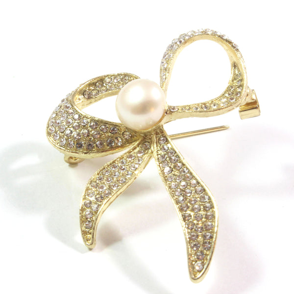 Gold Ribbon White Freshwater Cultured Pearl Brooch 9.5-10.0mm