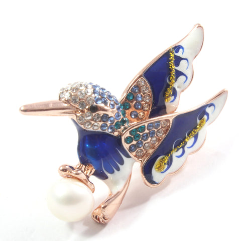 Blue Bird White Freshwater Cultured Pearl Brooch 9.5-10.0mm