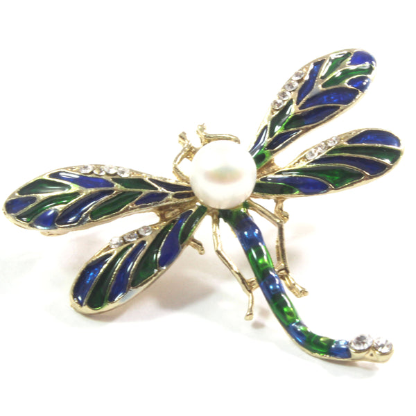 Green Dragonfly White Freshwater Cultured Pearl Brooch 7.5-8.0mm