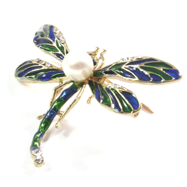 Green Dragonfly White Freshwater Cultured Pearl Brooch 7.5-8.0mm