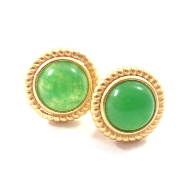Green/White Jade Stud Earrings with Sterling Silver 925