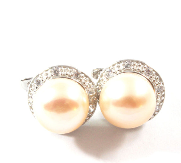 White/Orange Freshwater Cultured Pearl Stud Earrings with Sterling Silver 9.5-10.0mm