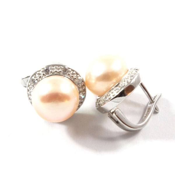 White/Orange Freshwater Cultured Pearl Stud Earrings with Sterling Silver 9.5-10.0mm