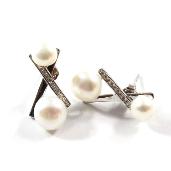 Double White Freshwater Cultured Pearl Stud Earrings with Sterling Silver 7.5-8.0mm