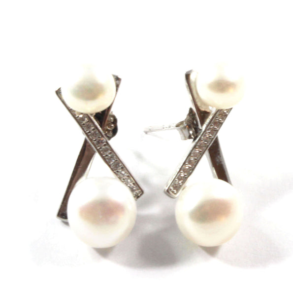 Double White Freshwater Cultured Pearl Stud Earrings with Sterling Silver 7.5-8.0mm