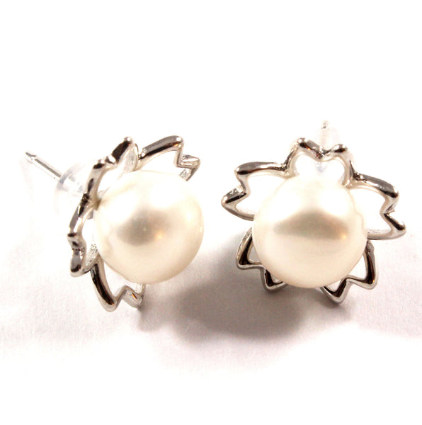 White Freshwater Cultured Pearl Stud Earrings with Sterling Silver 8.0-8.5mm